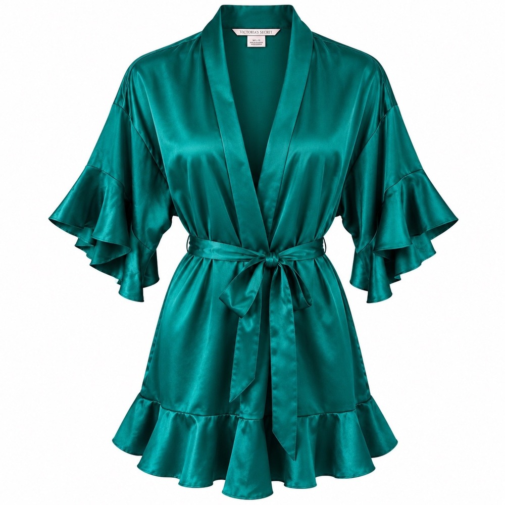 Victoria's Secret Satin Robe Women's M/L Emerald Green Teal Ruffle Belted